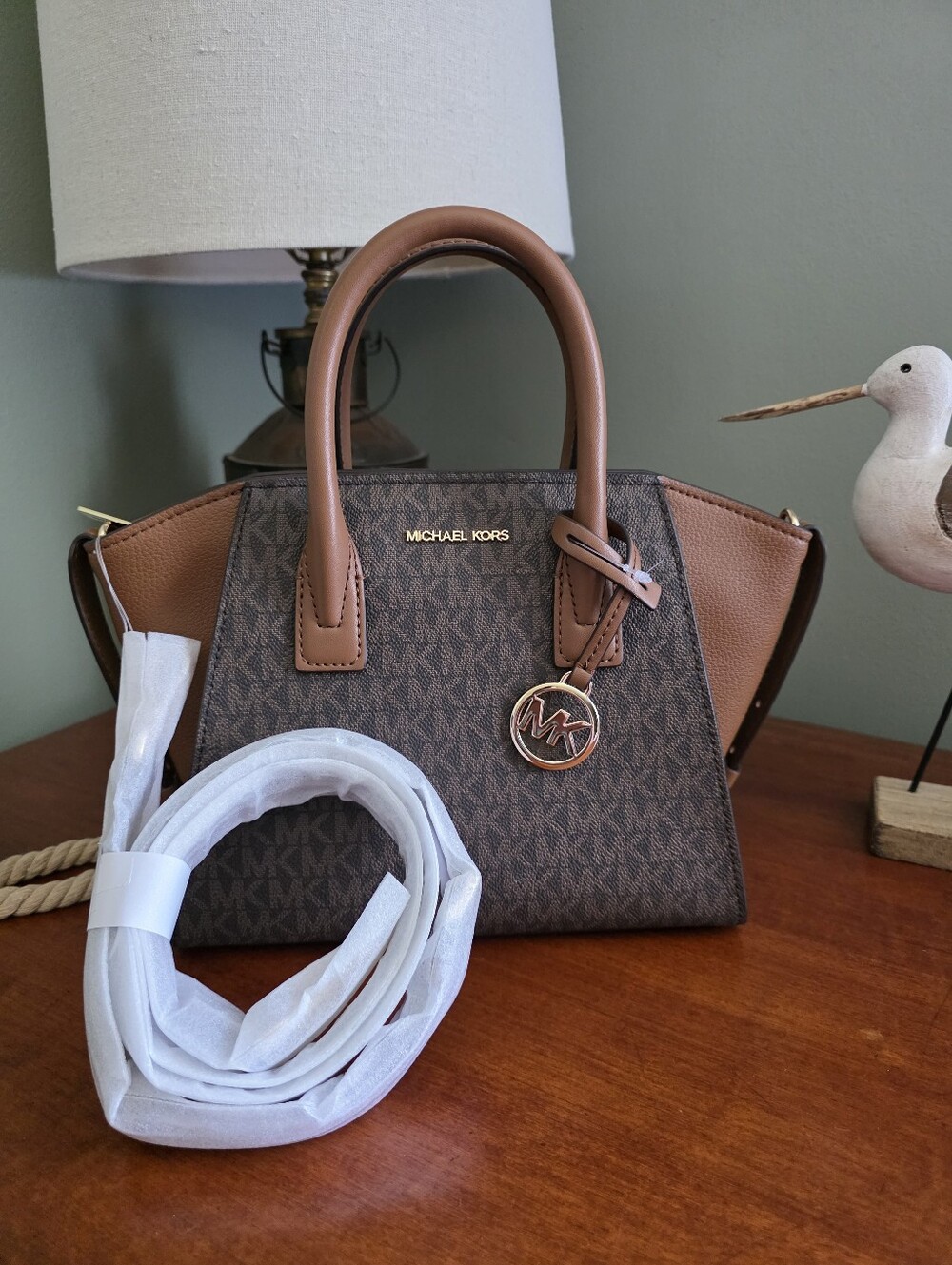 Michael Kors Avril Small Brown MK Signature Coated Canvas Satchel NWT